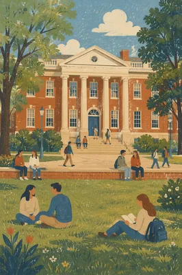 Spring University Campus With Students