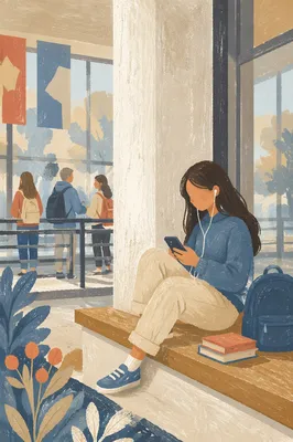 Student Resting in Modern University Atrium