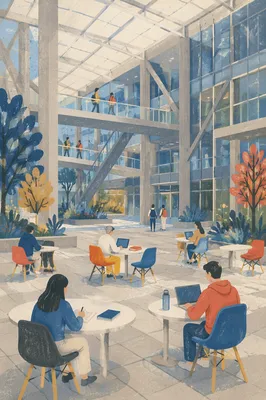 Modern University Atrium with Studying Students
