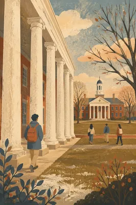 Winter University Campus with Classical Columns