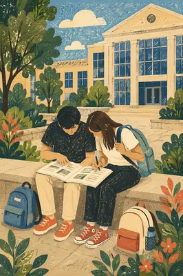 Students Reading Guidebook on University Campus