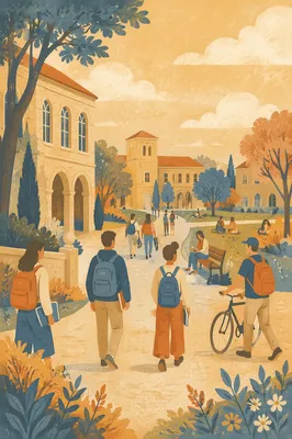 Warm University Campus Courtyard with Students