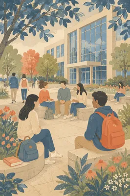 University Students in Modern Campus Courtyard