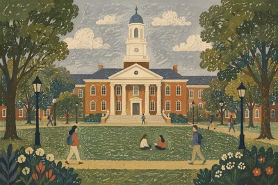 Red Brick University Quad With Students