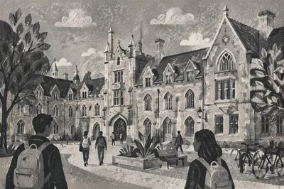 Historic University Campus with Students