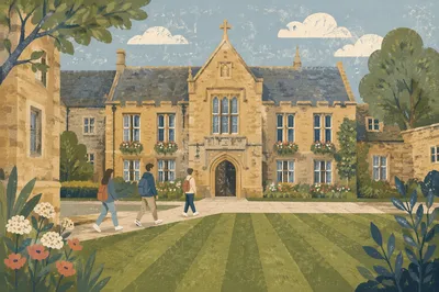 Historic University Campus Courtyard With Students