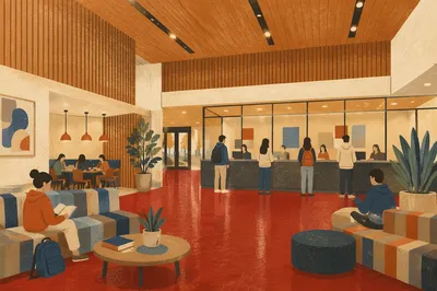 Modern University Lobby with Student Gathering Area
