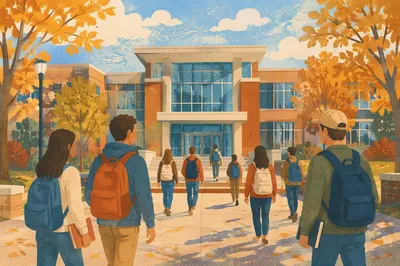 Students Approaching Modern University Campus Building