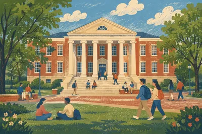 Spring University Campus with Students