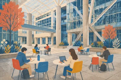 Modern University Atrium with Studying Students