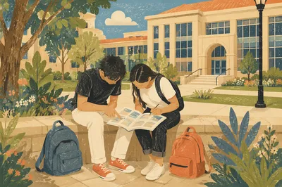 Students Reading Guidebook on University Campus