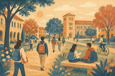 Warm University Campus Courtyard with Students