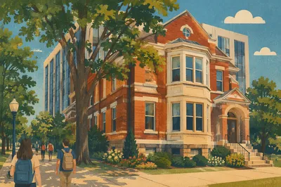 Sunny University Campus with Students