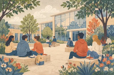 University Students in Modern Campus Courtyard