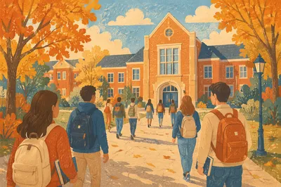Autumn University Campus with Students Arriving