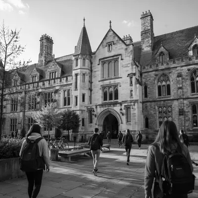 Historic University Campus with Walking Students