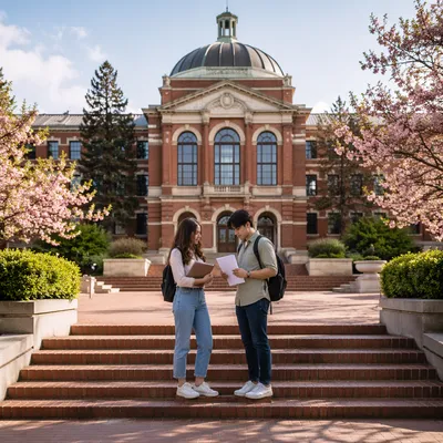 Students Outside Historic University Campus Building