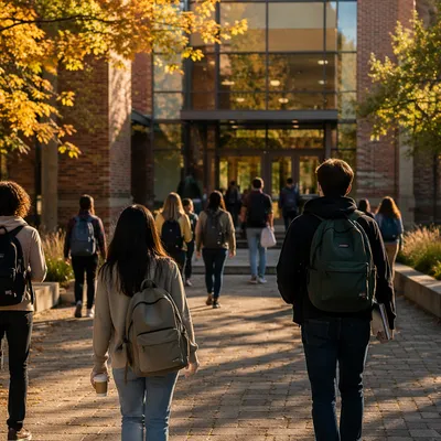 Students Walking Toward University Campus Entrance