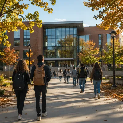 Students Approaching Modern University Campus Building