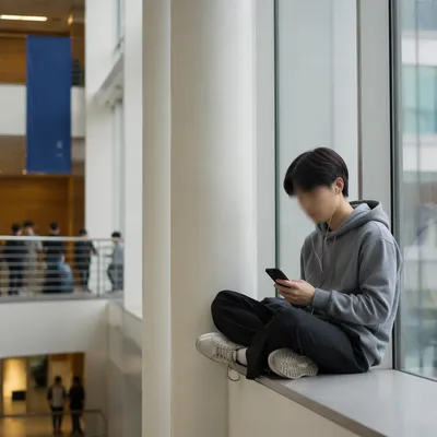 Student Relaxing in Modern University Atrium