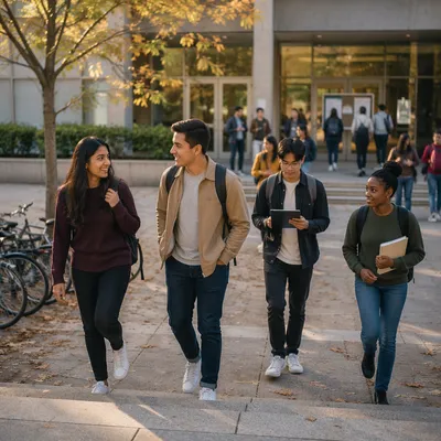 Diverse Students at Modern University Entrance