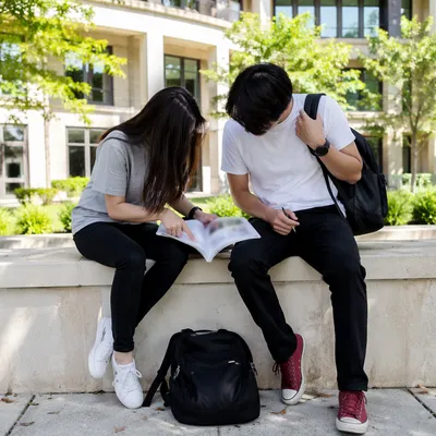 Students Studying Outside Modern University Building