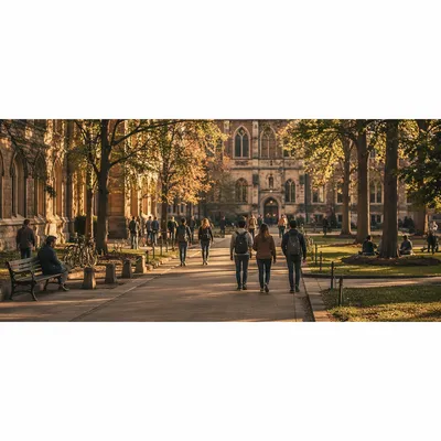 Warm University Campus Courtyard with Students