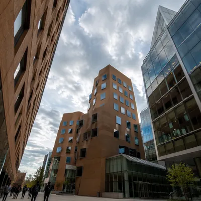 Modern University Courtyard Under Cloudy Sky