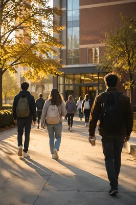 Students Entering University Campus at Sunrise