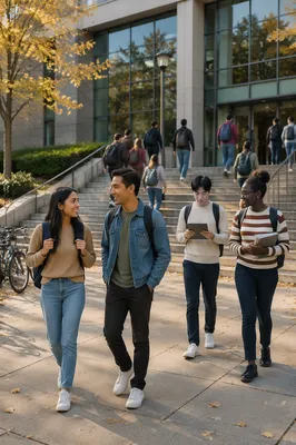 Students Outside Contemporary Campus Building