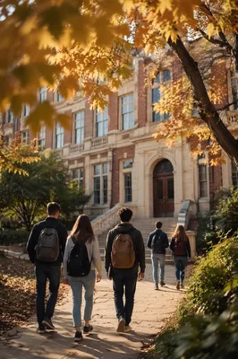 Students Walking Toward Autumn Campus Building