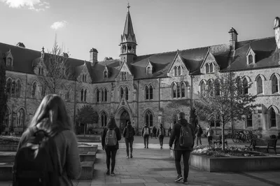 Historic University Campus with Walking Students