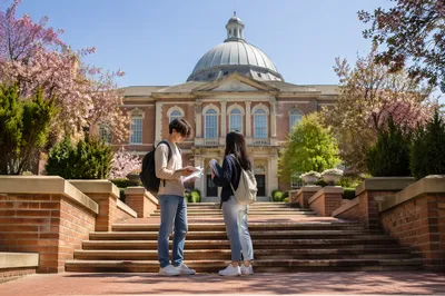 Students Outside Historic Red Brick University Building