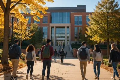 Students Approaching Modern University Campus Building