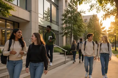 Students Walking on University Campus at Sunset
