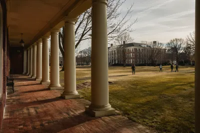 Winter Campus Walkway with Classical Columns