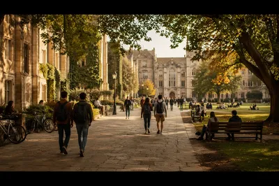 Warm University Campus Courtyard with Students