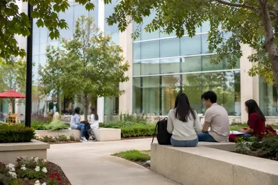 Students Gathering in Modern Campus Courtyard