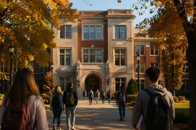 Autumn University Campus with Students Walking