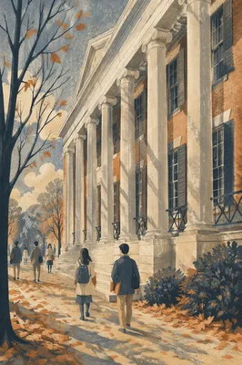 Historic University Colonnade Before Morning Lecture