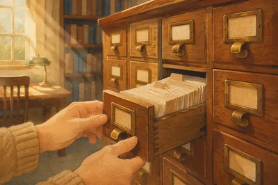 Vintage Library Card Catalog in Warm Light