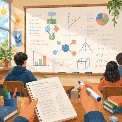 Colorful Whiteboard Diagrams in Sunlit Classroom