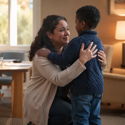 Emotional First Embrace in Sunlit Room