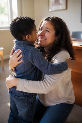 Emotional First Embrace in Sunlit Room