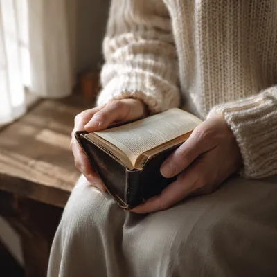 Anxious Hands Holding Bible by Window