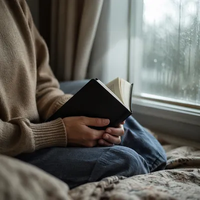 Anxious Hands Holding Bible by Window