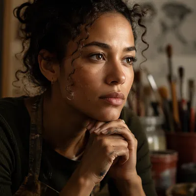Focused Young Woman Artist in Studio