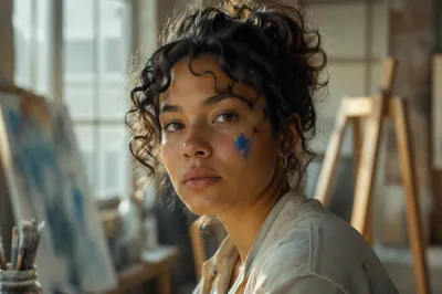Focused Young Woman Artist in Studio