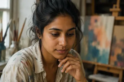 Focused Young Woman Artist by Window