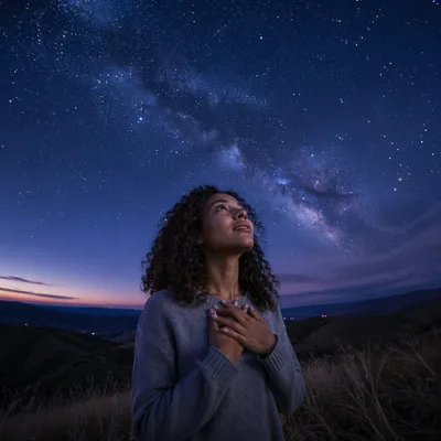 Young Woman Under Starry Blue Hour Sky